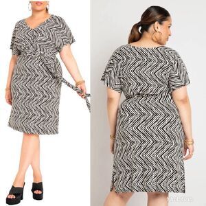 ELOQUII Plus Size V-Neck Wrap Around Dress in White Black Sand Dunes